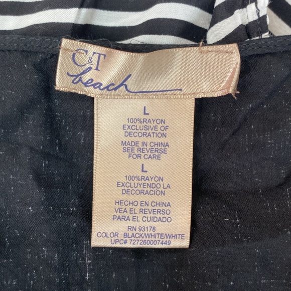 C&T Beach Black & White Striped Fringe Trim Short Sleeve Swim Cover Up L - Picture 5 of 5